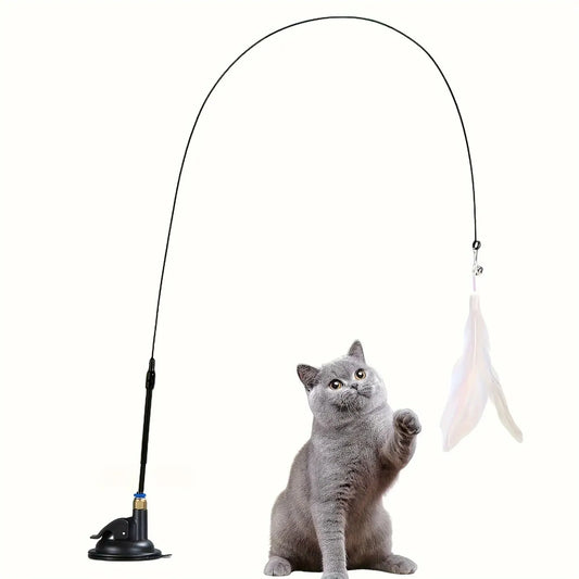 Cat Teaser Toy - Interactive Bell & Feather Wand - Long Suction Cup Pole