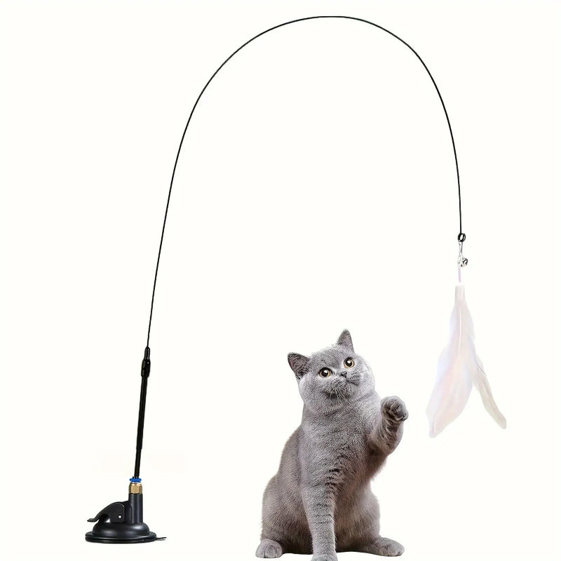 Cat Teaser Toy - Interactive Bell & Feather Wand - Long Suction Cup Pole